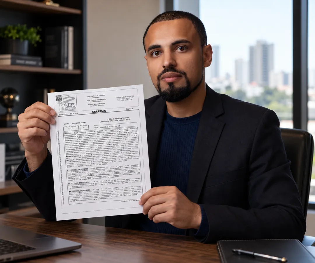 Melki Basilio segurando a certidão de matrícula de um imóvel