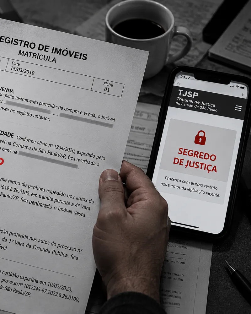 Matrícula cheia de R e AV circulados com pontos de interrogação e processo em segredo de justiça no celular
